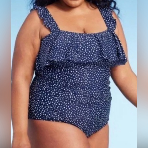 Kona Sol Women's Ruffle Full Coverage One Piece Swimsuit Blue Polka Dot - Picture 3 of 3